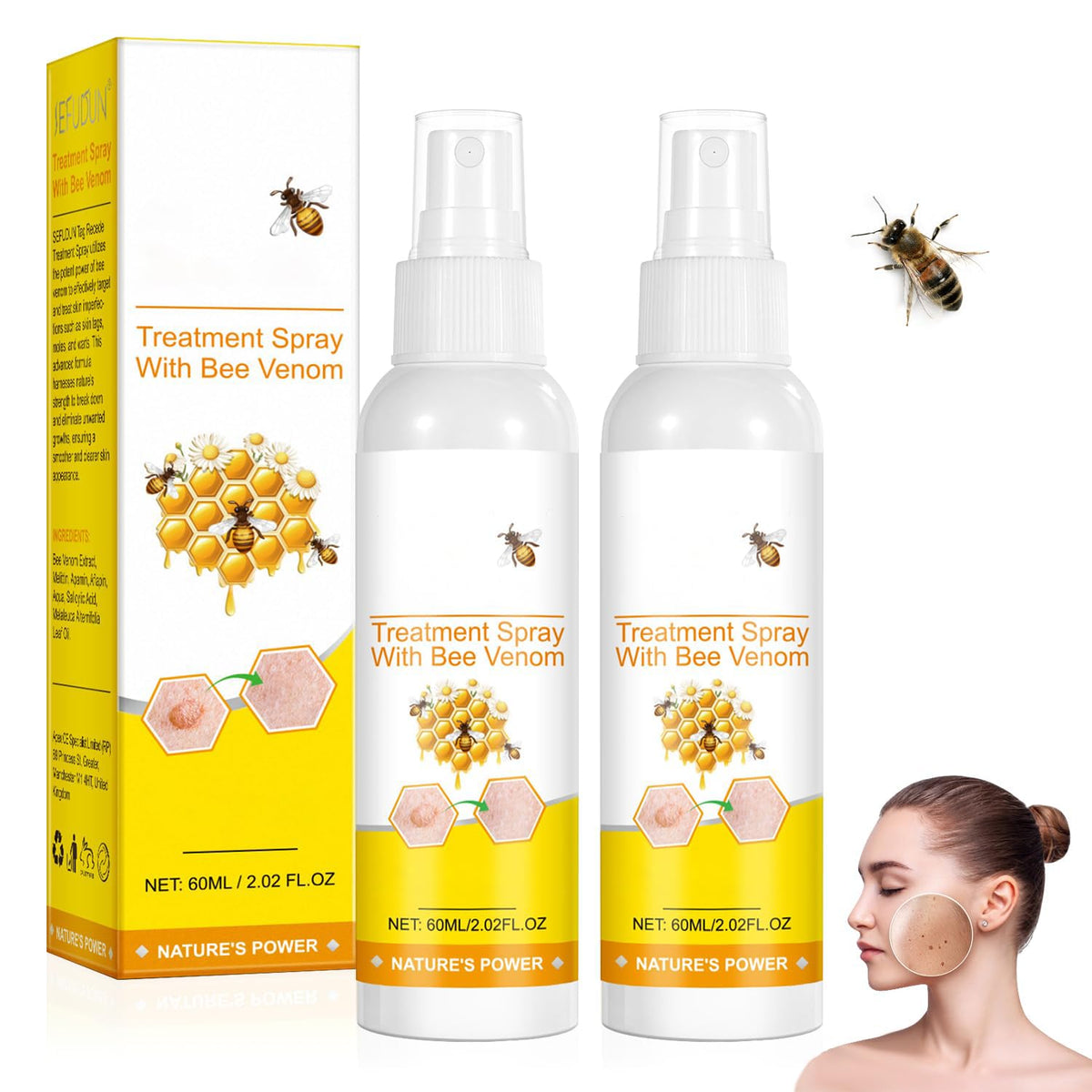 Plresen bee venom spray front packaging showing compact twin set and benefits