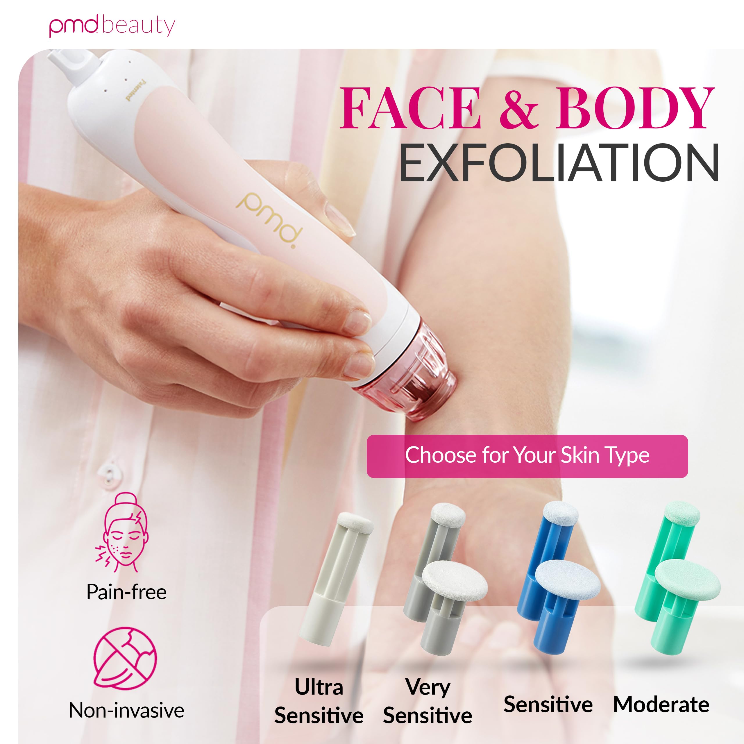 PMD Beauty side profile of device highlighting controls and adjustable suction advantage