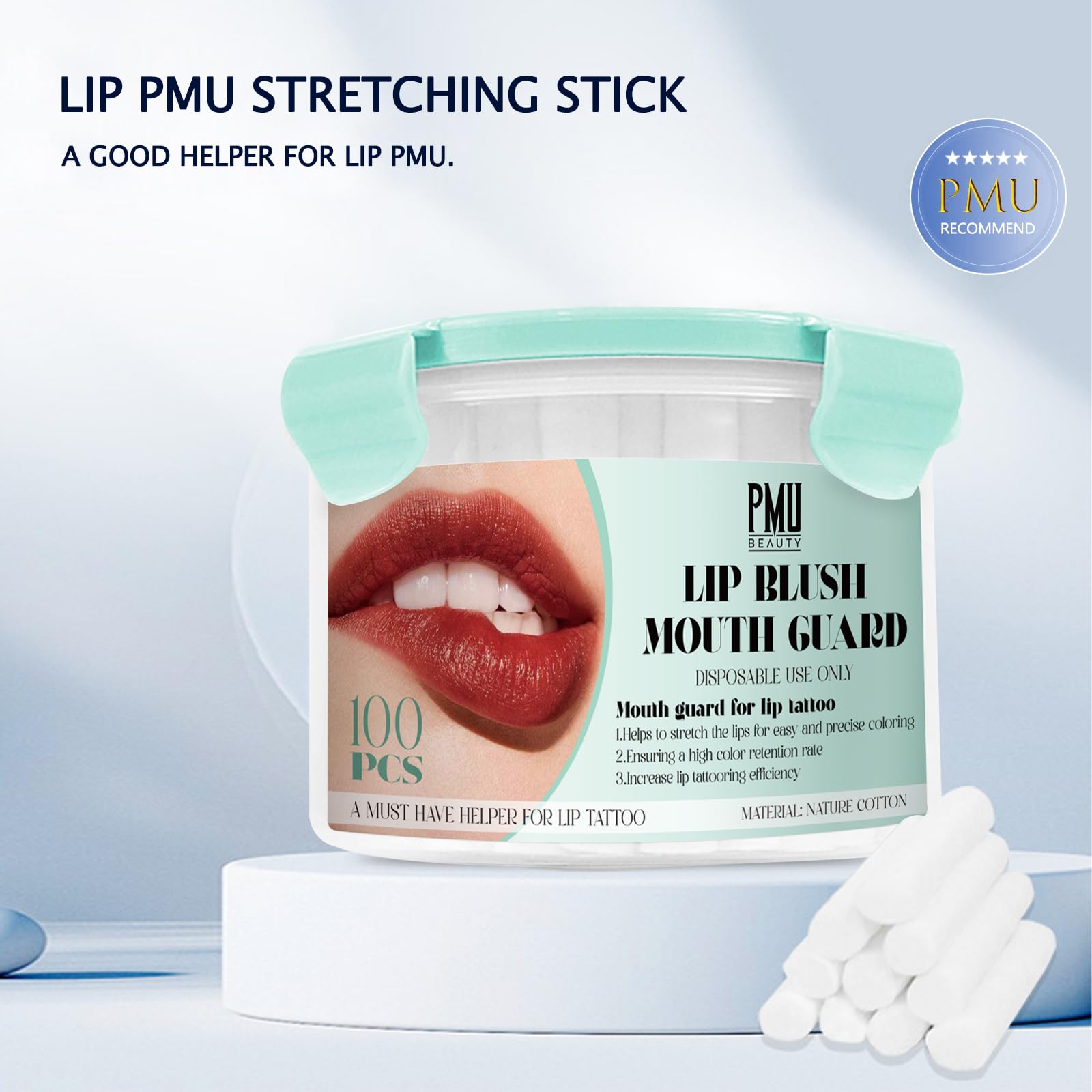 PMUBEAUTY studio lifestyle shot showing use during a lip microblading procedure