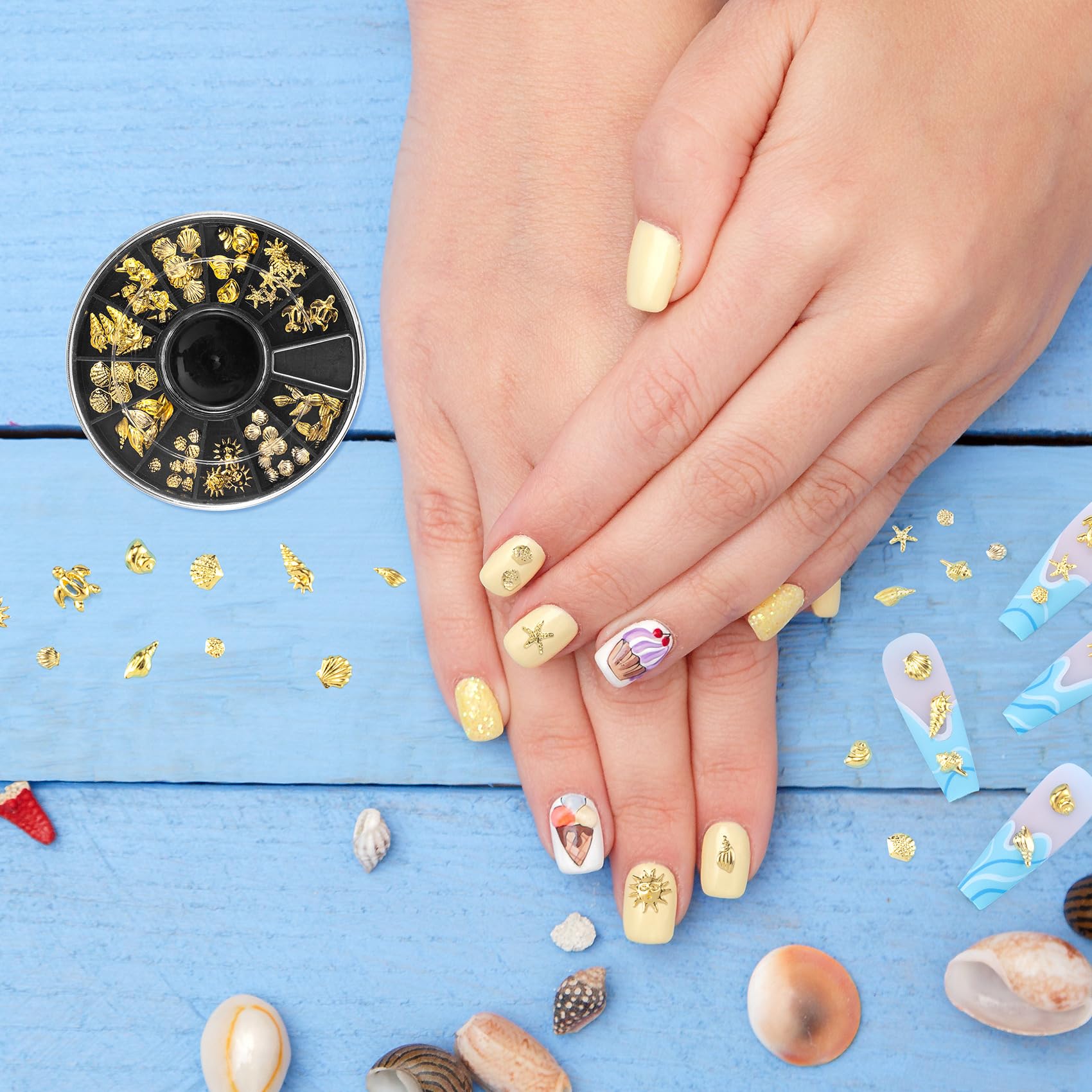 Pndeyo charms applied on a feature nail during manicure benefit shows how to use on tips