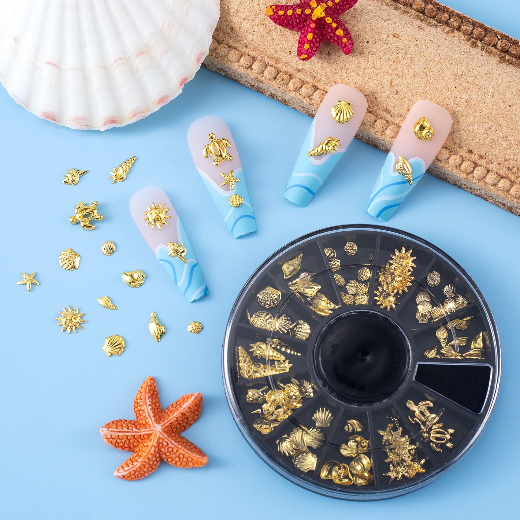 Pndeyo lifestyle shot of a beach-themed manicure set with tools benefit inspires summer-style designs