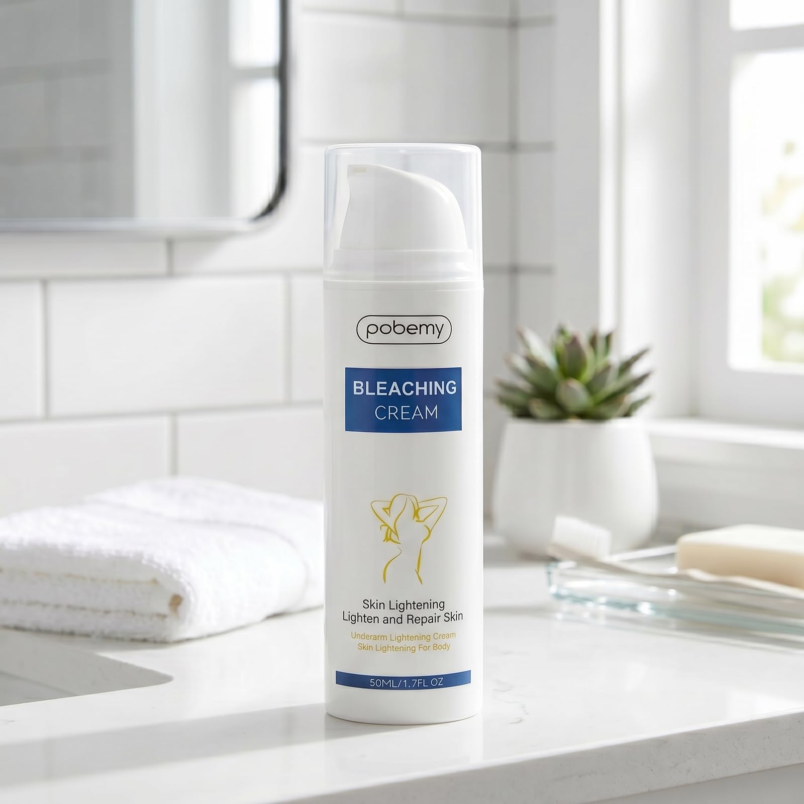 POBEMY on bathroom counter beside towel showing daily routine integration and confidence boost