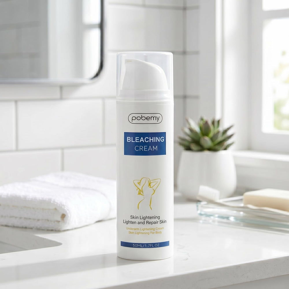 POBEMY on bathroom counter beside towel showing daily routine integration and confidence boost