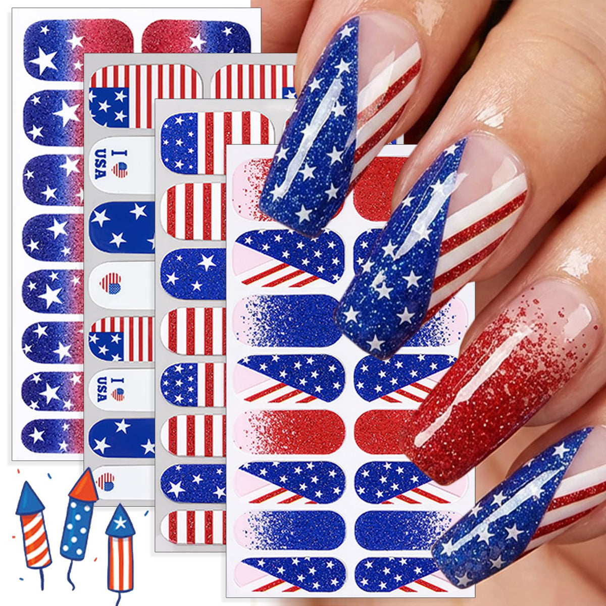 PODUOJIEYI front packaging showing four patriotic nail strip sheets and benefits