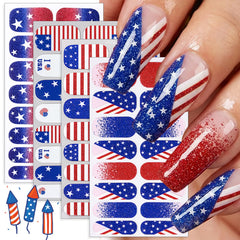 PODUOJIEYI front packaging showing four patriotic nail strip sheets and benefits
