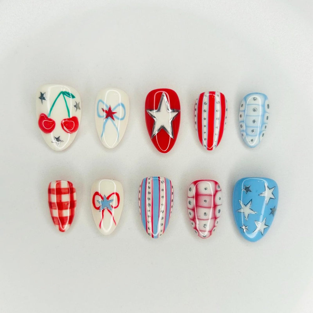 PODUOJIEYI front pack showing patriotic nails and included accessories for quick styling