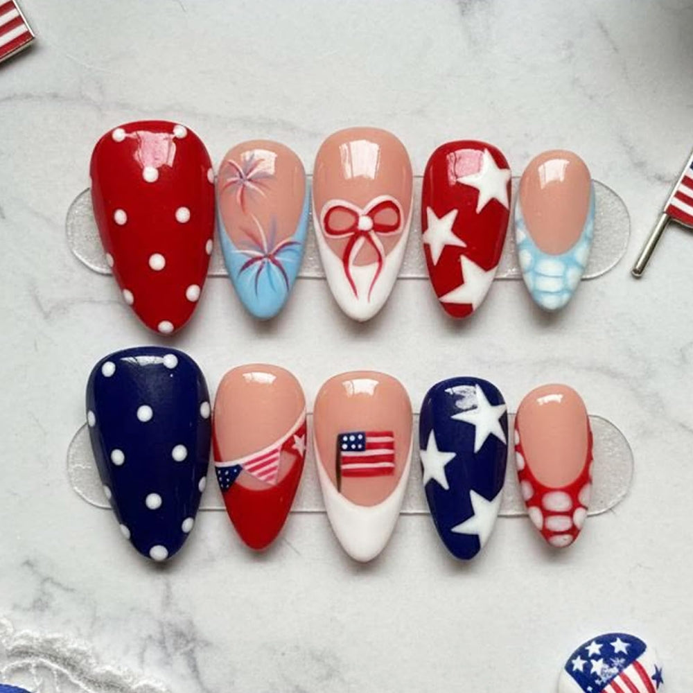 PODUOJIEYI front packaging showing full patriotic nail kit, easy party-ready manicure