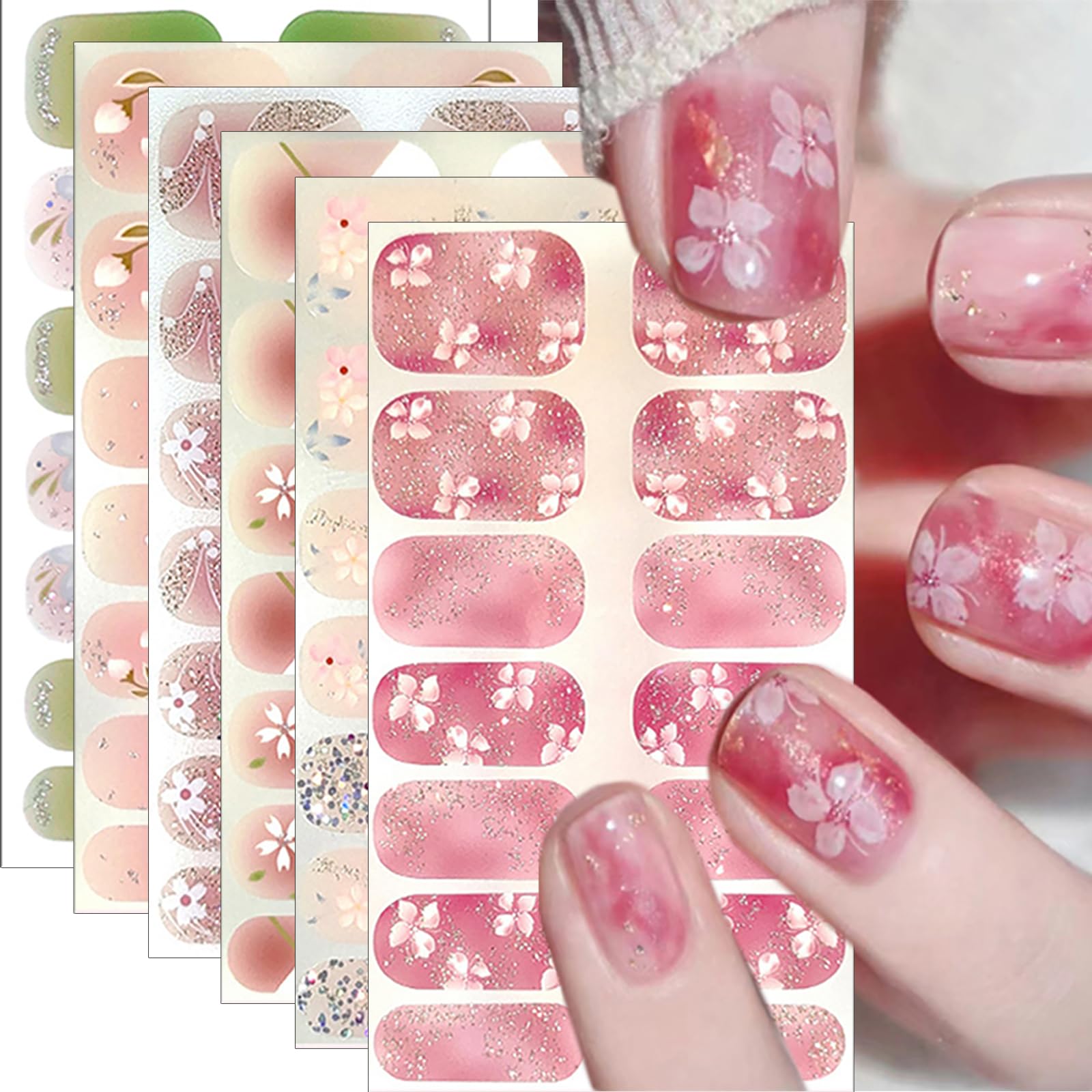 PODUOJIEYI front packaging showing six floral gel nail sheets and benefits