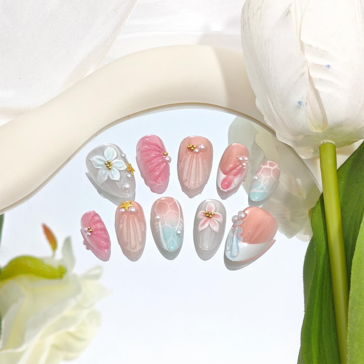 PODUOJIEYI side profile of short almond nail shape, comfortable fit and low maintenance