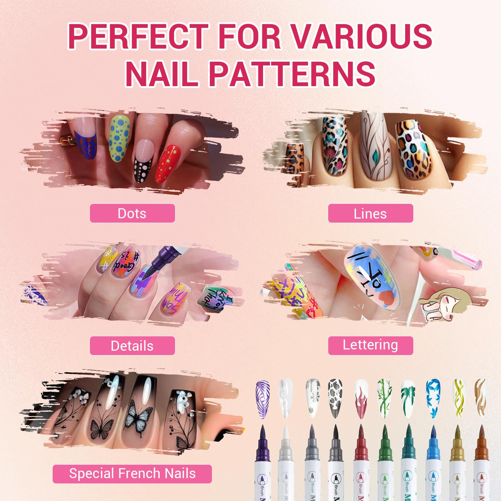 Poiykmt pens creating designs on press-on nails showing quick-dry usability
