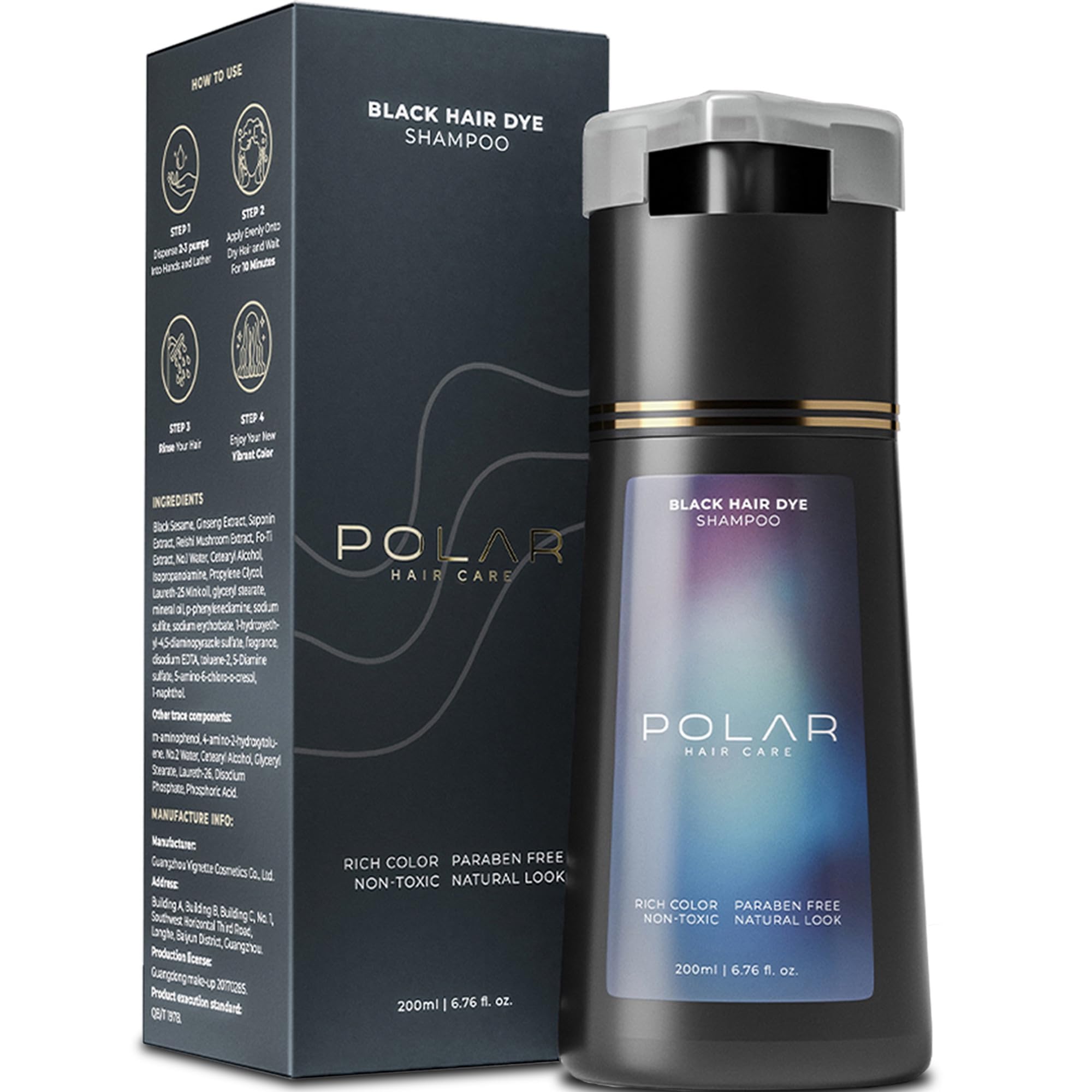 POLAR HAIR CARE front bottle showing jet black shampoo and quick color benefit