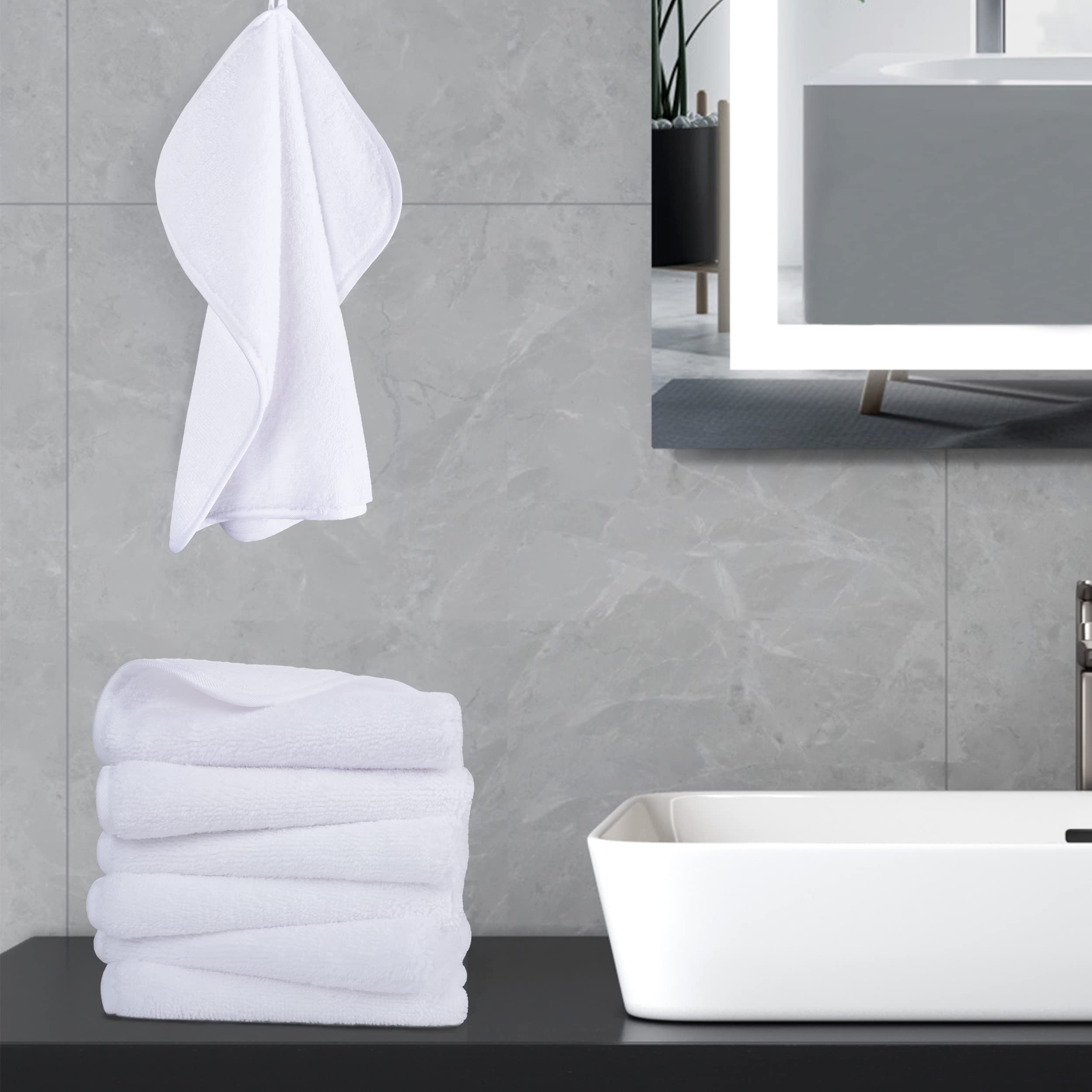 POLYTE washcloths displayed in a bathroom setting suggesting everyday rotation and tidy storage