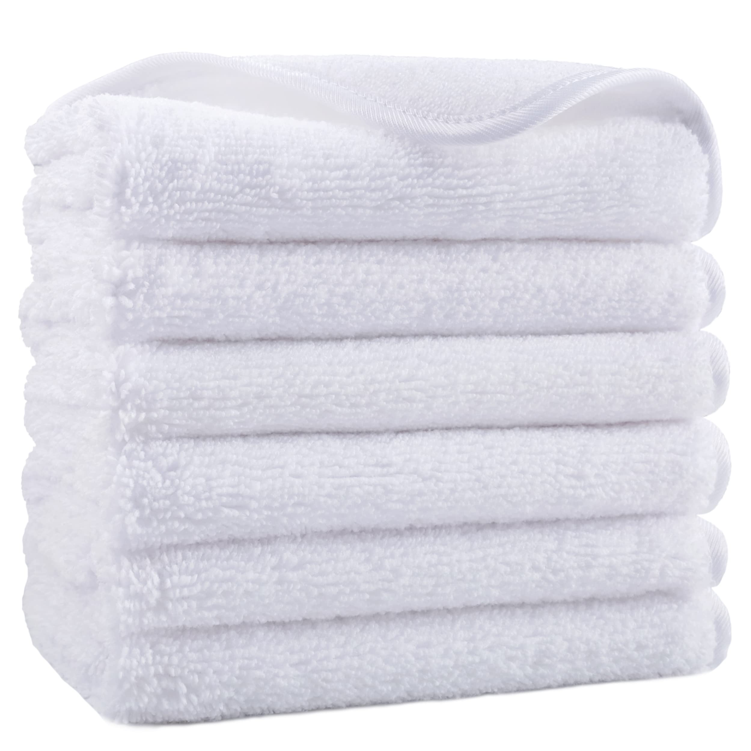 POLYTE front view of six white washcloths showing neat folded stack and clean look, practical storage