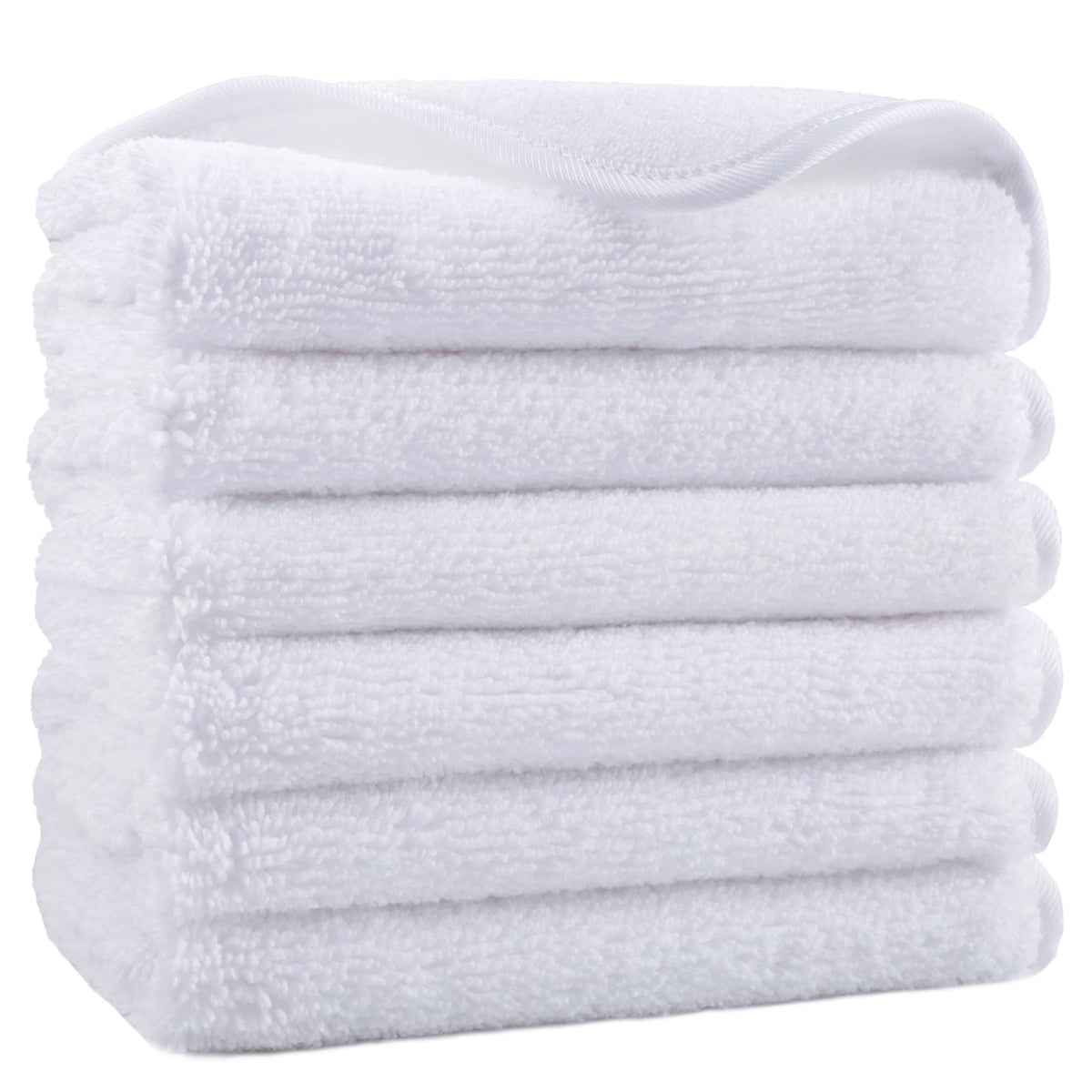 POLYTE front view of six white washcloths showing neat folded stack and clean look, practical storage