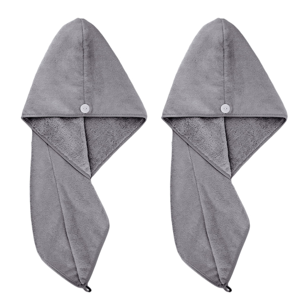 POLYTE front view of two dark gray turbans showing compact packed set and convenience