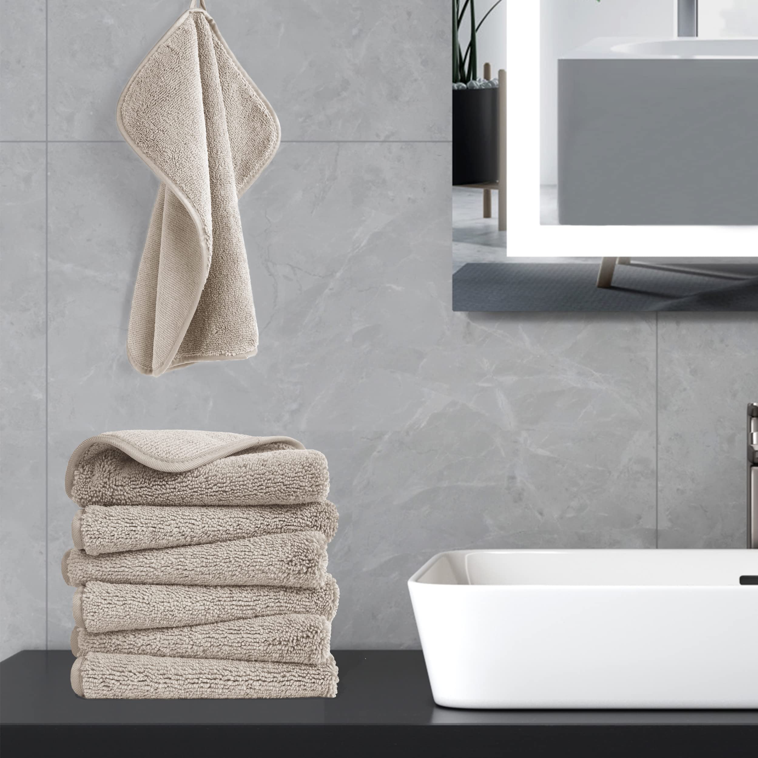 POLYTE stacked set of six in bathroom setting showing compact storage benefit