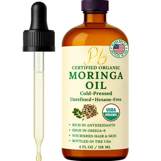 Pomberries moringa oil front bottle showing organic label and purity benefits
