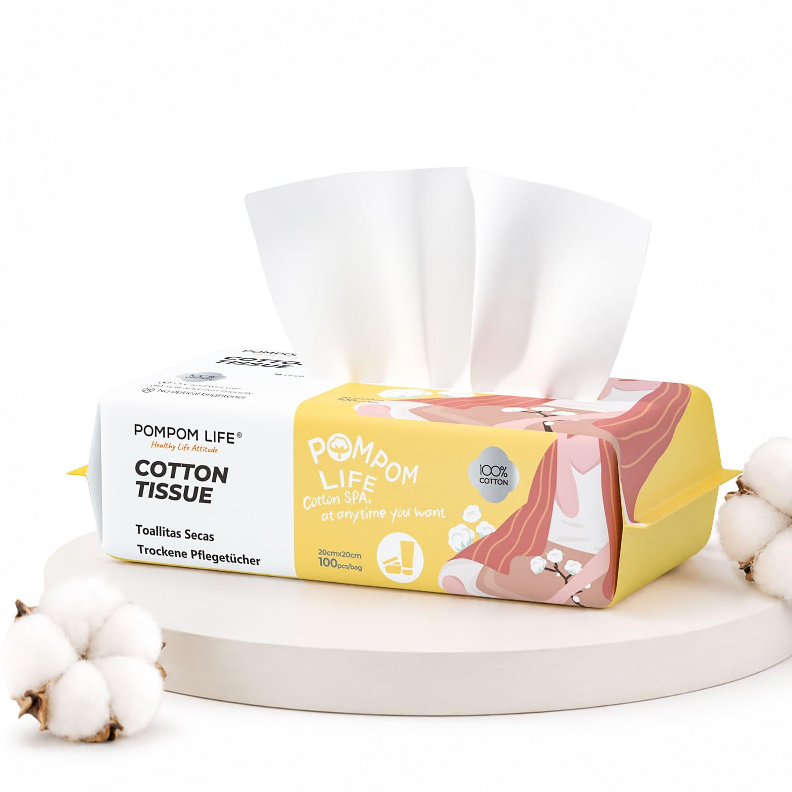 POMPOM LIFE front packaging showing 100-count biodegradable towels benefit hygiene