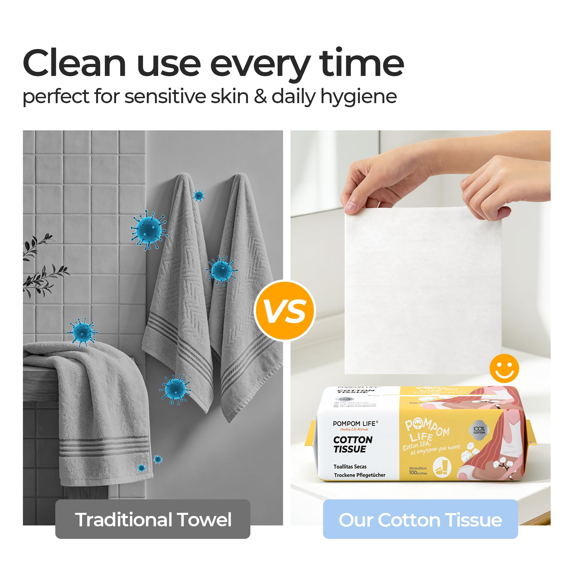 POMPOM LIFE towel held in hand to show 7.9×7.9 inch size clarity