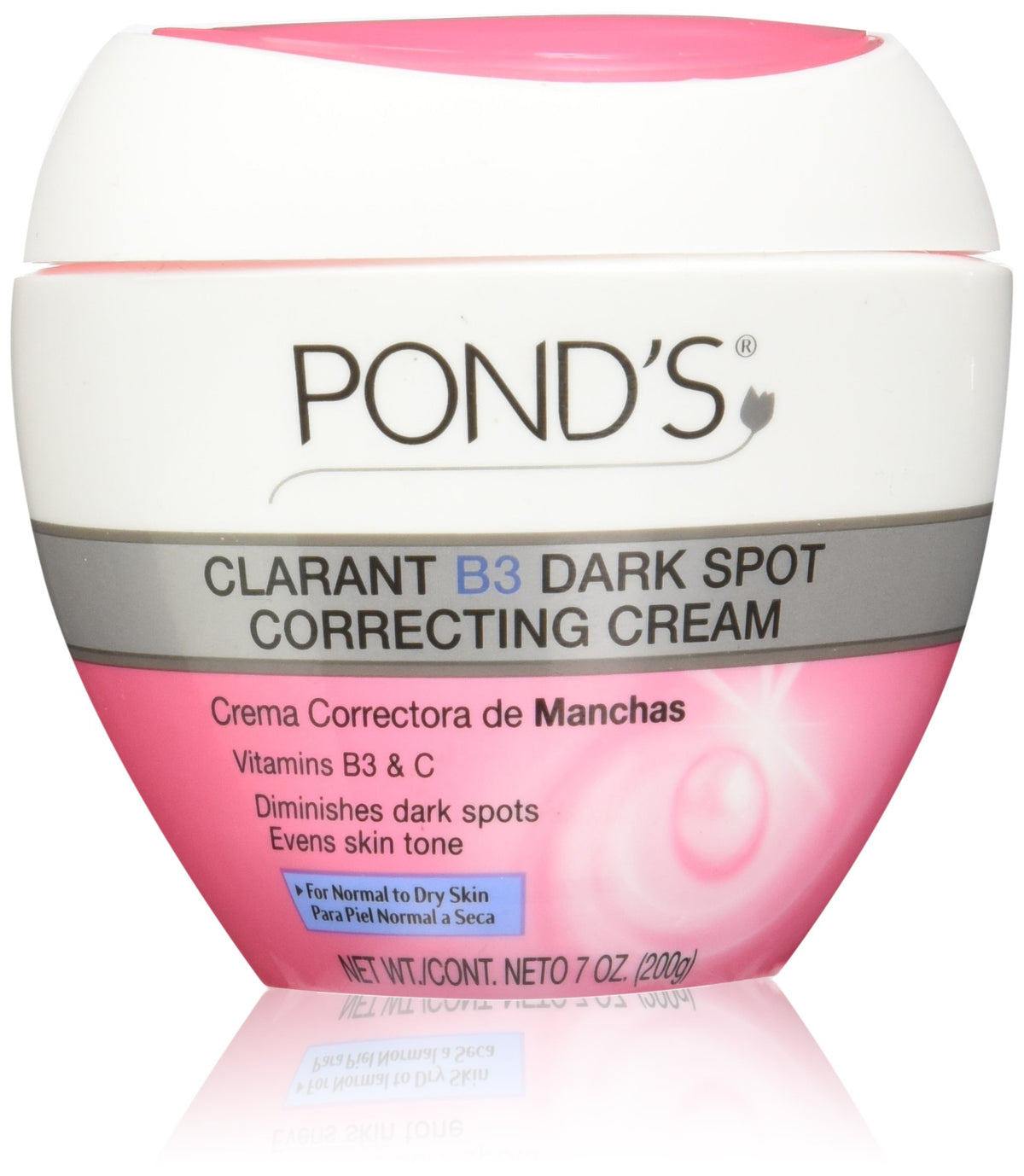 POND'S jar front view showing label and 7 ounce size, conveys clarity
