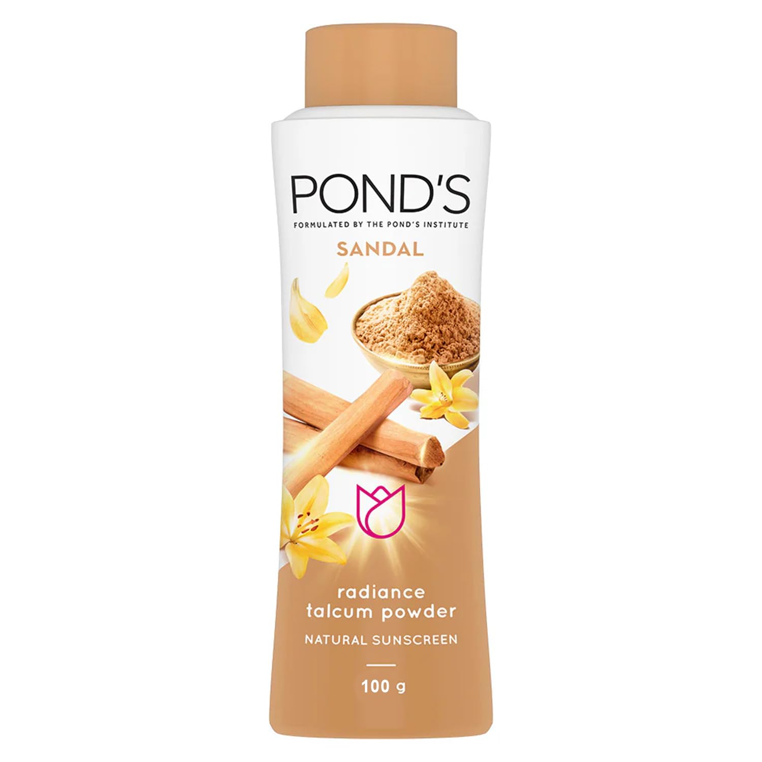 Pond's sandal talc front pack showing label and compact size benefit
