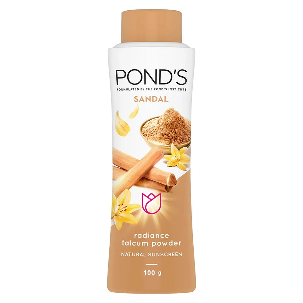 Pond's sandal talc front pack showing label and compact size benefit