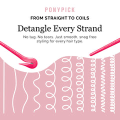 Pony Pick cutting an elastic in hair demonstrating pain-free removal benefit