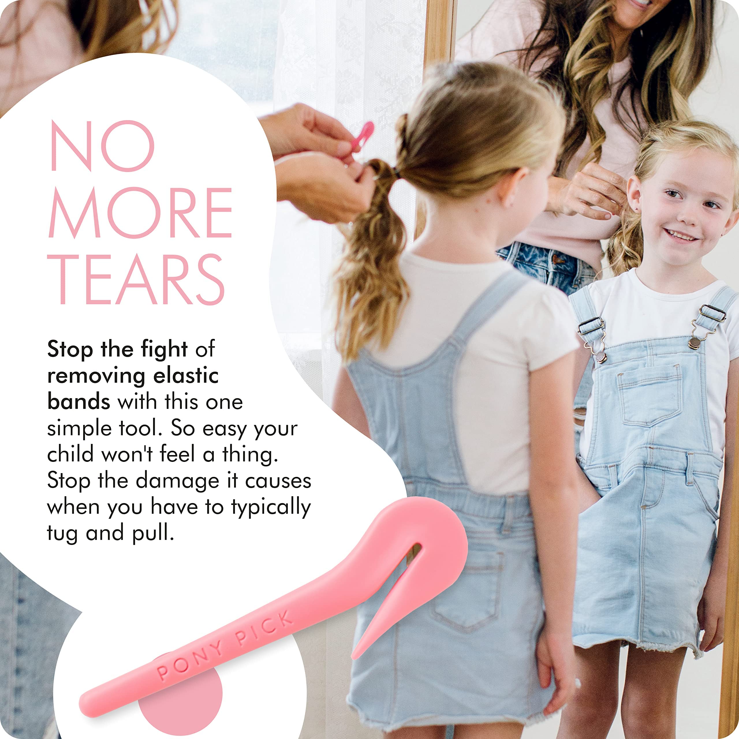Pony Pick cutting a single elastic loop in hair close-up, prevents tugging and breakage