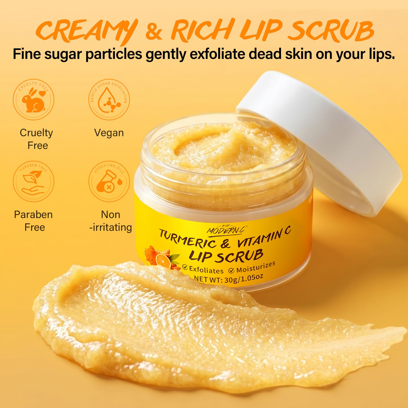 POP MODERN.C flatlay of turmeric, vitamin C, jojoba and shea butter ingredients
