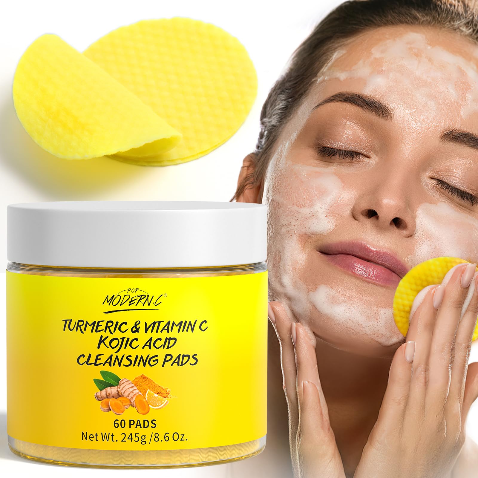 POP MODERN.C front packaging showing jar of 60 turmeric kojic pads and benefits