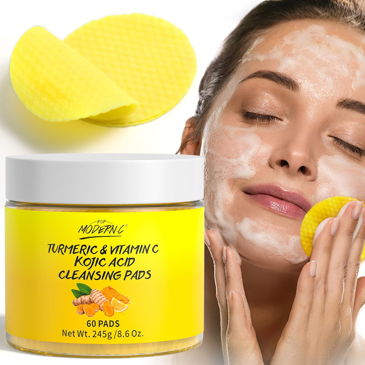 POP MODERN.C front packaging showing jar of 60 turmeric kojic pads and benefits
