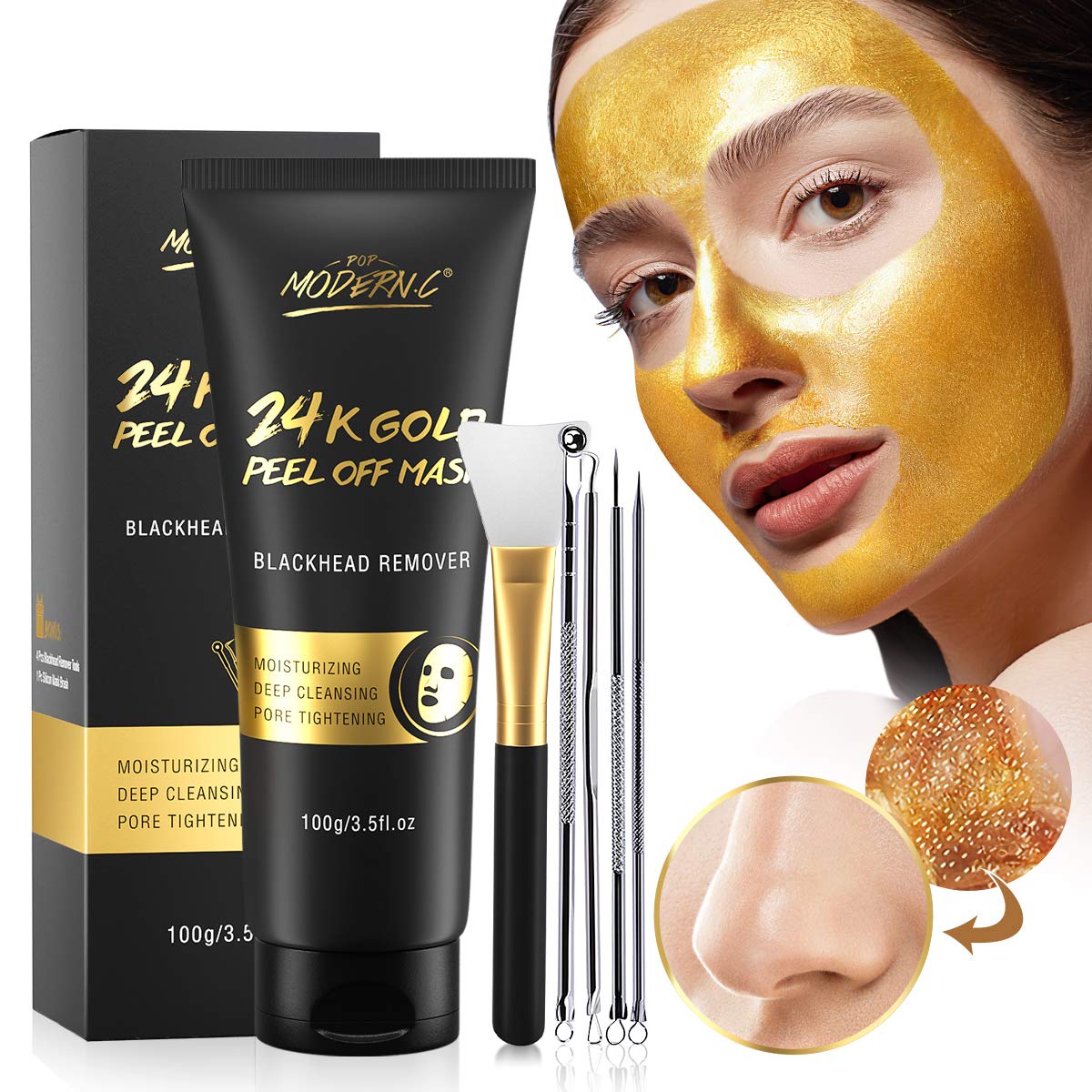 POP MODERN.C gold mask front packaging showing product benefits