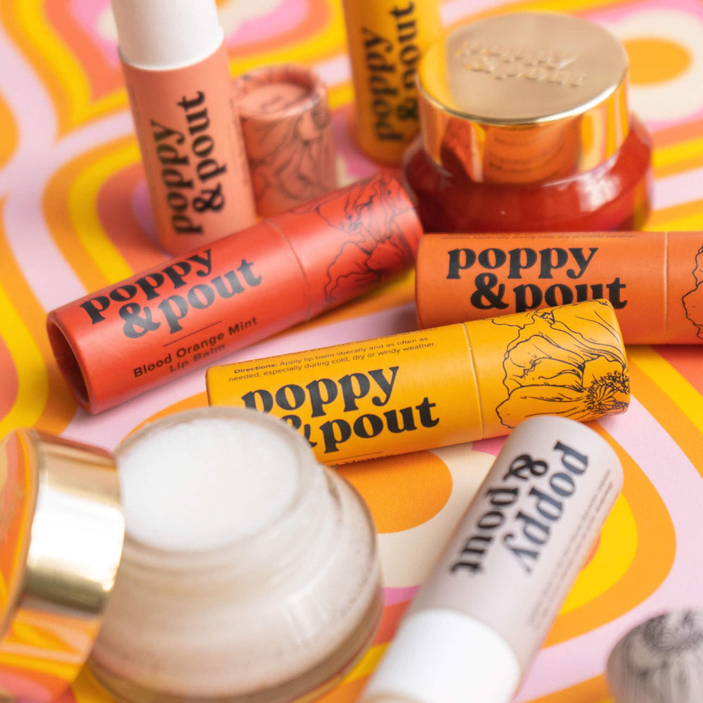 Poppy & Pout flatlay with blood orange and mint showing flavor inspiration benefit