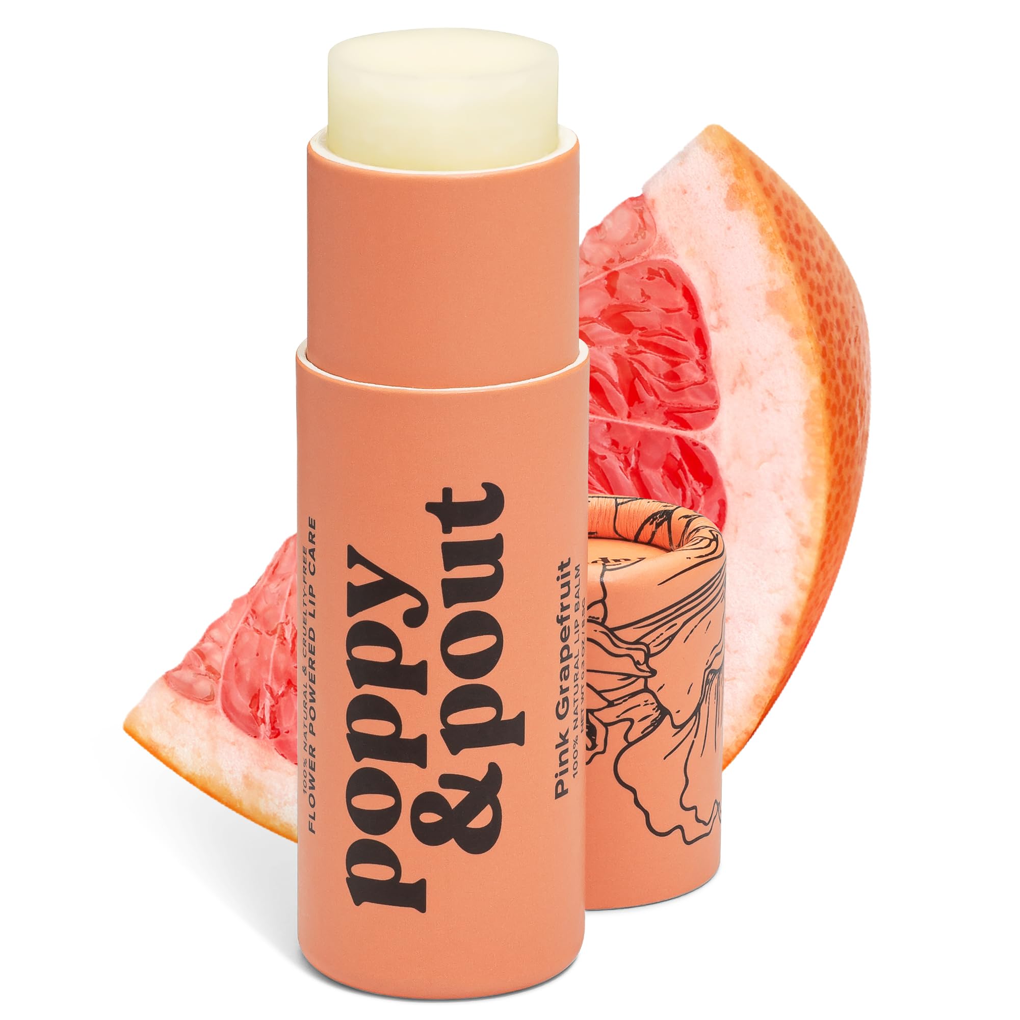Poppy & Pout front packaging showing pink grapefruit lip balm and sustainability benefits