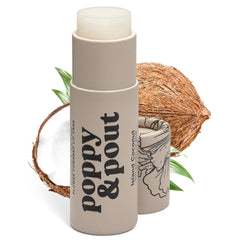 Poppy & Pout front packaging showing jumbo coconut lip balm benefits