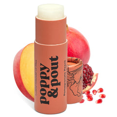 Poppy & Pout jumbo tube front view showing product branding and peach-pomegranate appeal