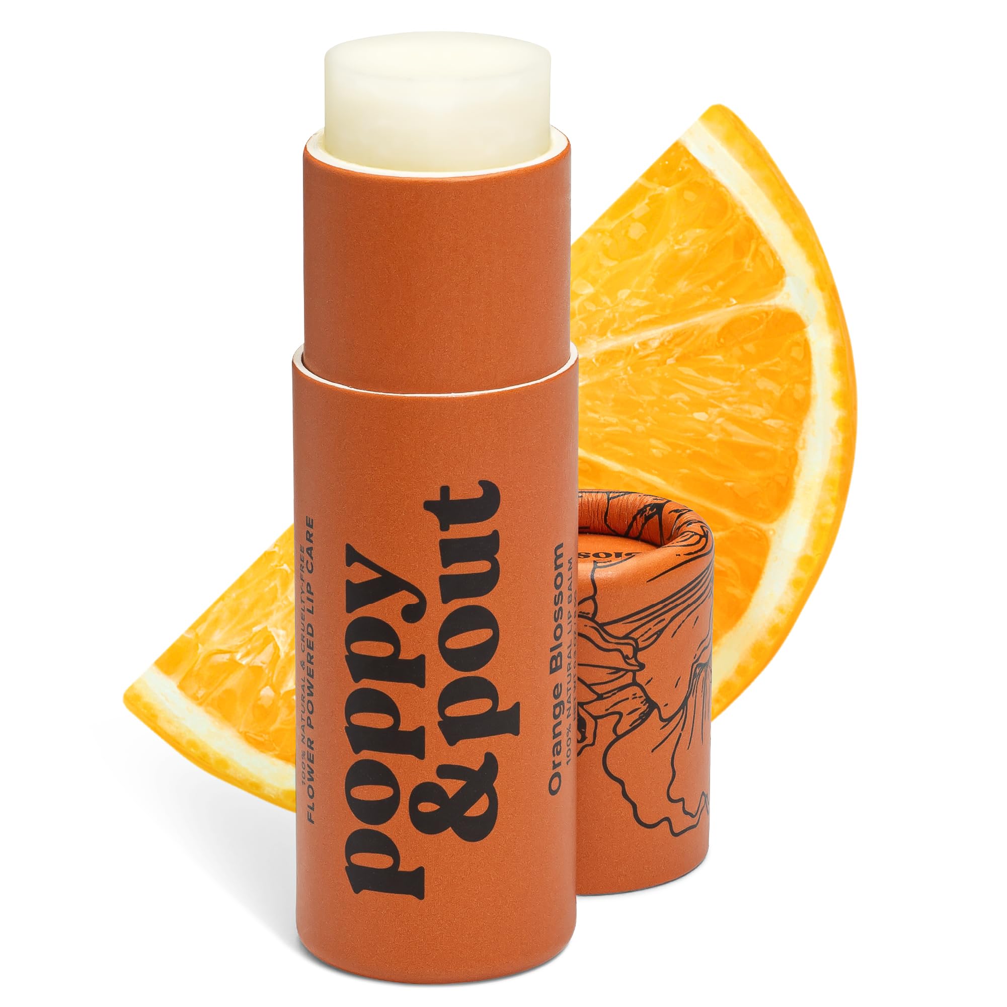 Poppy & Pout front packaging showing orange blossom jumbo tube and eco benefits
