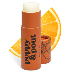 Poppy & Pout front packaging showing orange blossom jumbo tube and eco benefits