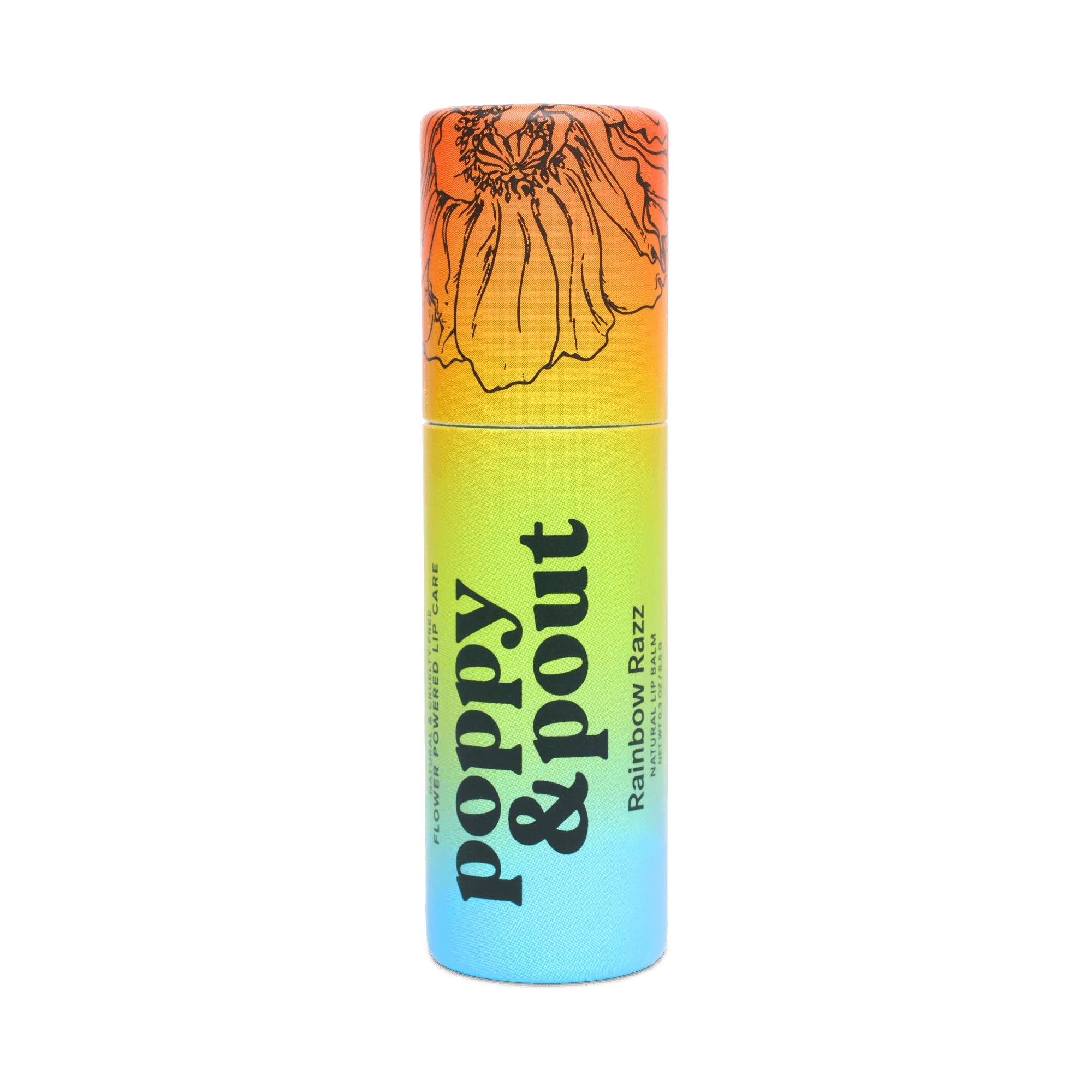Poppy & Pout front packaging showing jumbo tube and Rainbow Razz scent benefits
