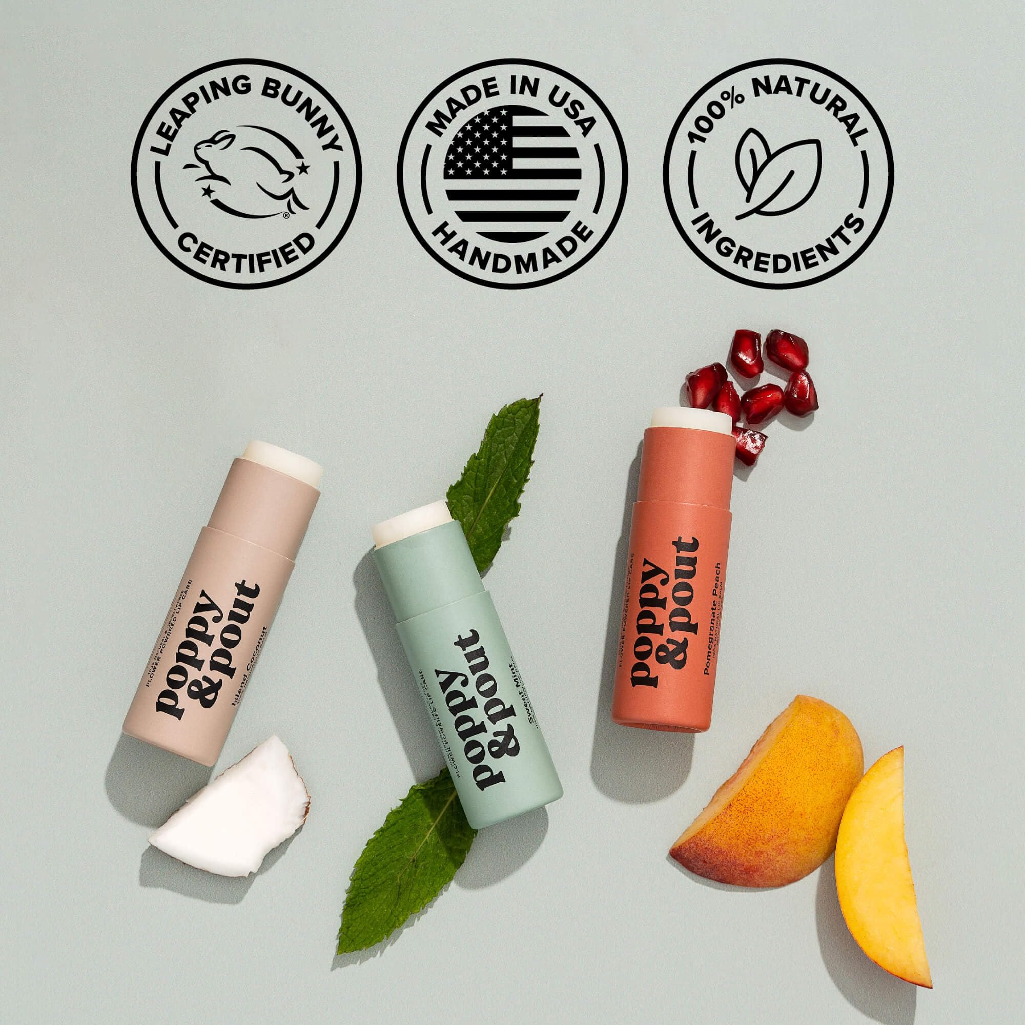 Poppy & Pout balm being applied to lips demonstrating smooth hydration