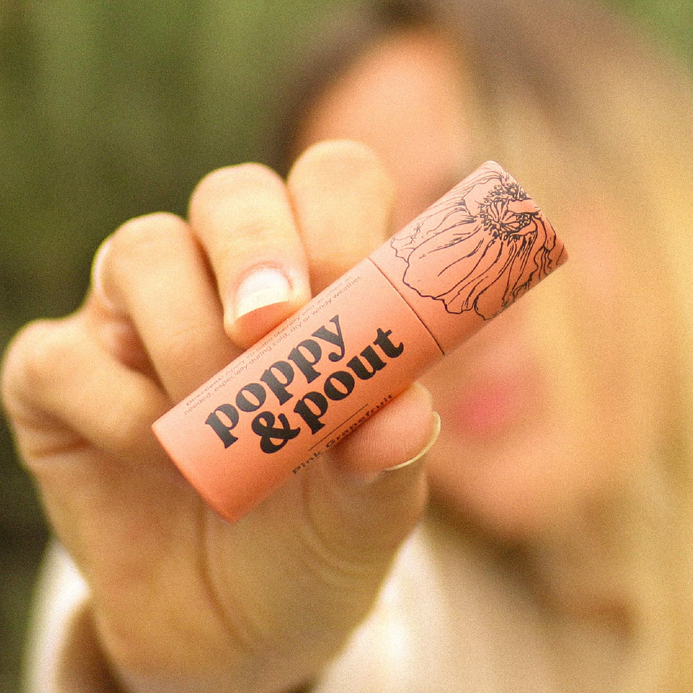 Poppy & Pout balm texture close-up showing smooth beeswax formula for lasting moisture