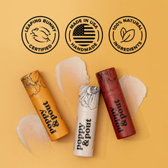 Poppy & Pout with beeswax and coconut oil ingredients showing natural sourcing