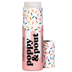 Poppy & Pout front packaging showing pink birthday cake design and jumbo tube benefit