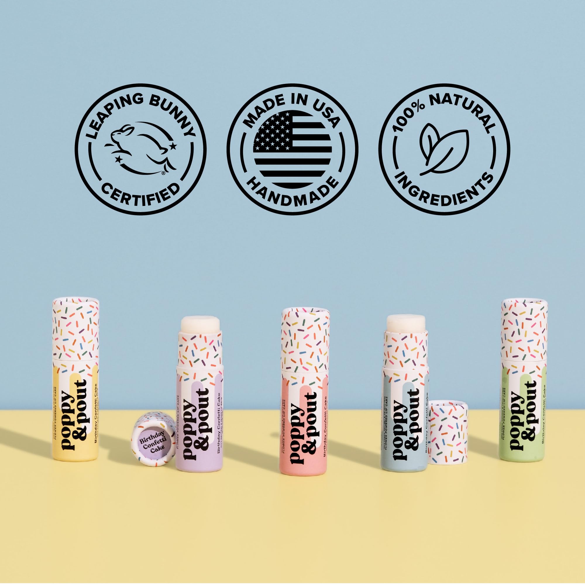 Poppy & Pout lip balm next to standard tube illustrating double product capacity