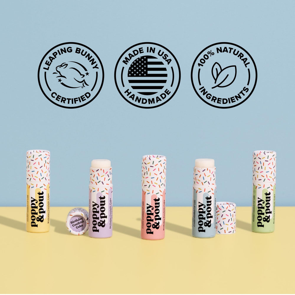 Poppy & Pout lip balm next to standard tube illustrating double product capacity