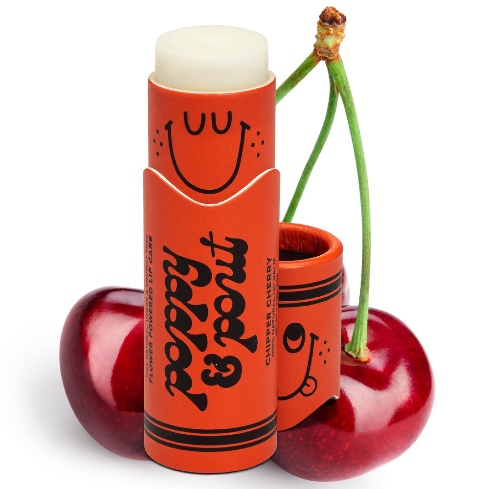 Poppy & Pout front packaging showing chipper cherry flavor and recyclable tube benefit