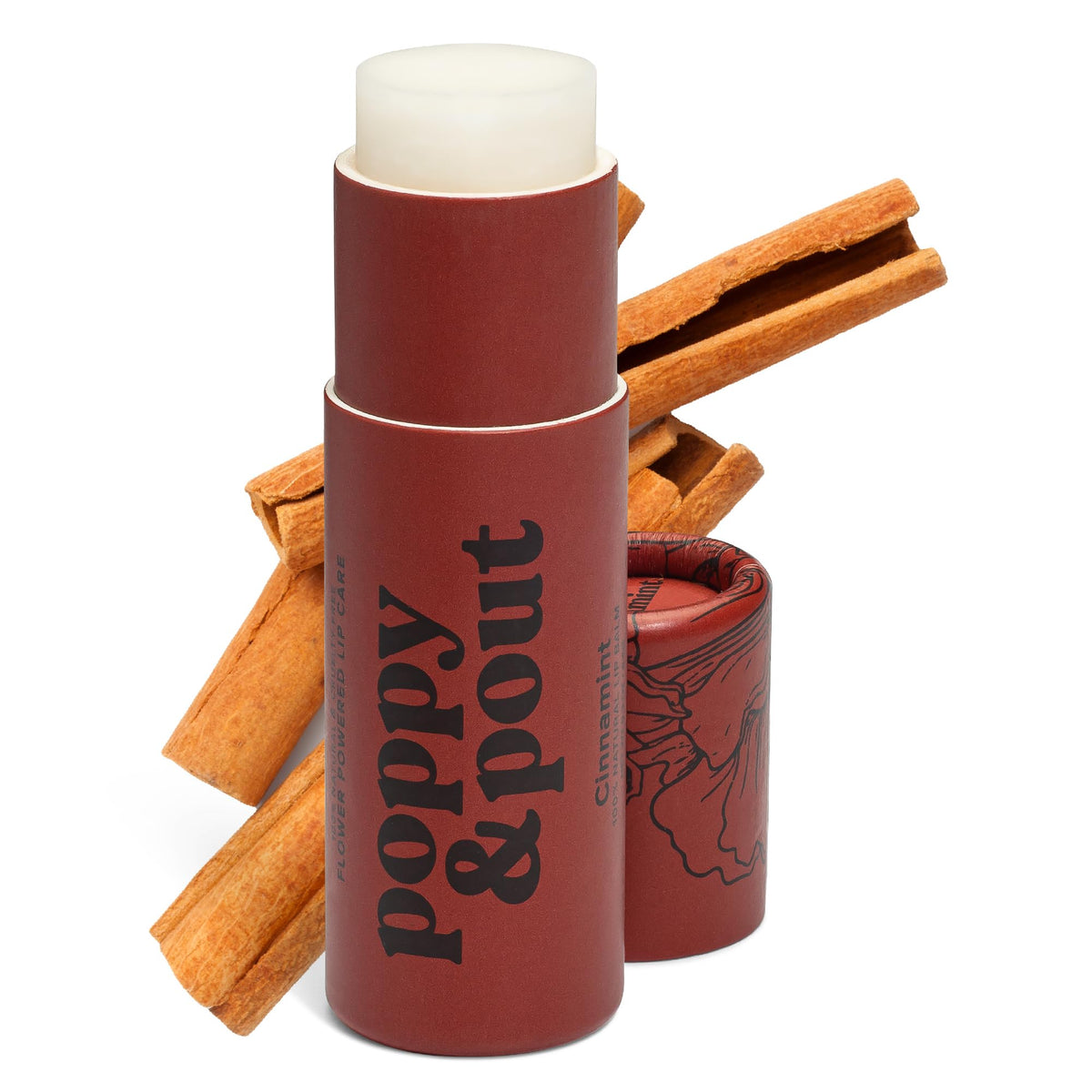 Poppy & Pout front tube showing cinnamint jumbo balm and eco packaging benefit