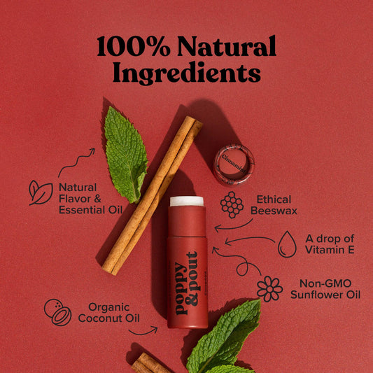 Poppy & Pout open twist top revealing large balm for long-lasting use benefit