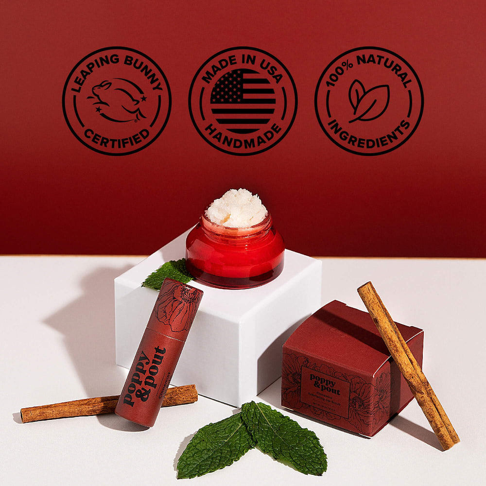 Poppy & Pout texture close-up highlighting smooth beeswax formula for hydration