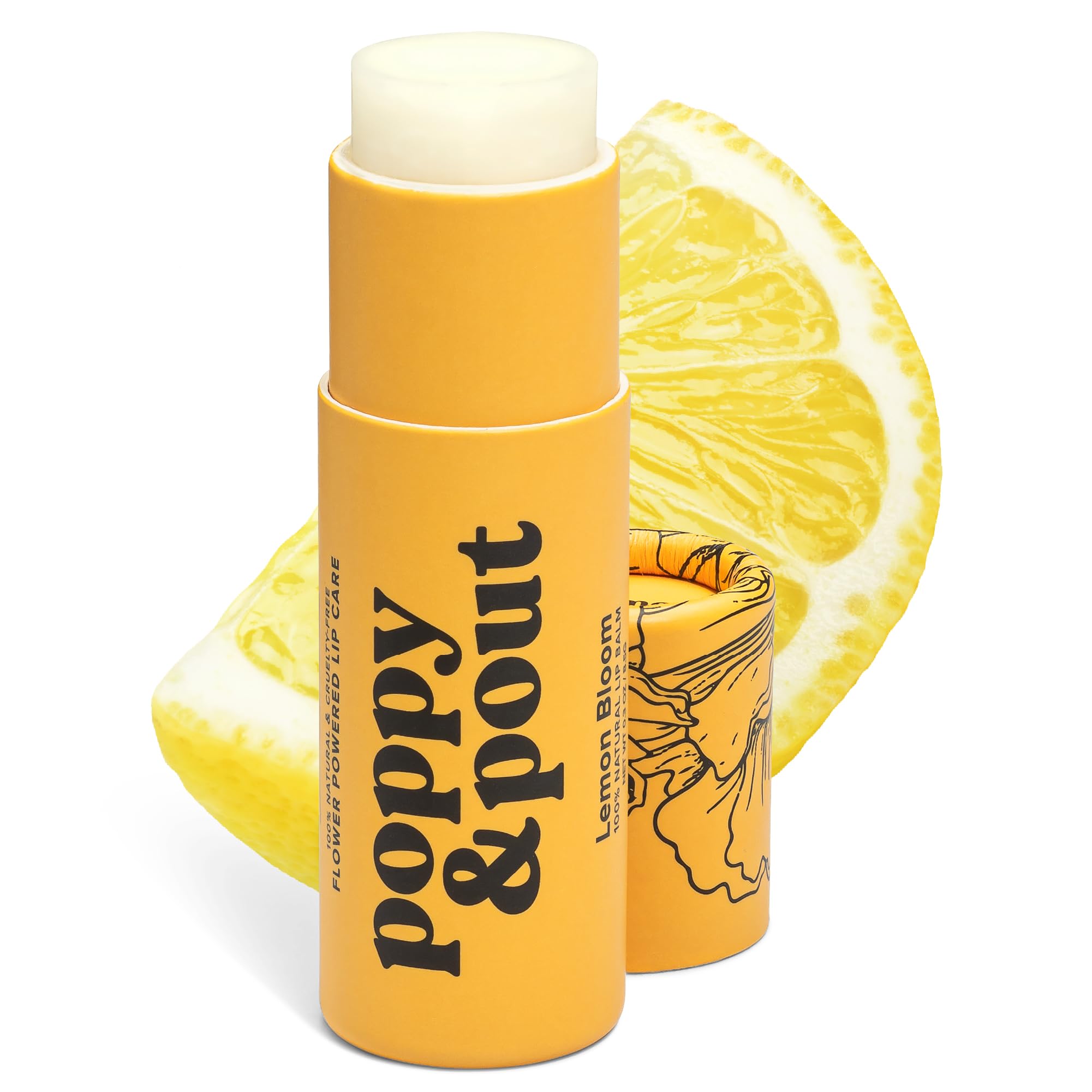 Poppy & Pout front packaging showing lemon bloom and recyclable tube benefit